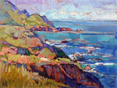 Spring greens are painted in loose brush strokes in this painting of Big Sur, California.