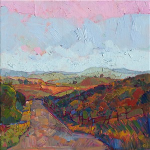 A patchwork of color follows this California road, inspired by driving through the roads of Paso Robles.  Unexpected color gleams from the cultivated landscape, drawing your eye deeper into the landscape.  This painting is full of beautifully textured oil paint applied in a loose, confident stroke.
