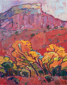 Ghost Ranch is an amazing place to visit; it is like seeing Georgia O'Keeffe's paintings come alive in three dimensions.  This is a painting inspired by a visit to her compound in New Mexico. The cottonwood trees were turning brilliant shades of yellow and gold, a beautiful contrast against the red desert cliffs.

This painting was done on 1/8" canvas, and it arrives framed and ready to hang.