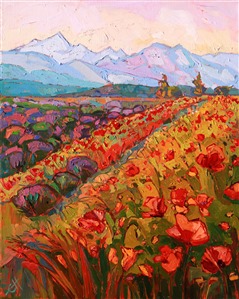 One painting of the beautiful lavender fields of Sequim, Washington, wasn't enough! This second painting brings out the reds and purples of a late afternoon stretching towards dusk. The brush strokes are thick and juicy with color.