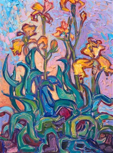 An impressionistic take on yellow irises, this painting captures the lively blooms with loose, expressive brushstrokes of impasto oil paint. 

"Irises in Yellow" is an original oil painting on linen board, created in Hanson's signature Open Impressionism style.