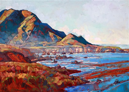 Driving south along the 1 highway, from Santa Cruz to Cambria, the artist felt proud to be a Californian. The colors were pure and clean, a lingering mist bringing out the beauty of the atmosphere. This painting captures the fresh feeling of standing on a cliff overlooking the early morning oceanside.