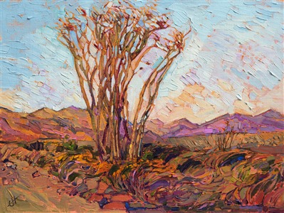 This impressionistic oil painting captures the subtle desert color of Borrego Springs, one of the gems of California's desert.  The distant mountains turn hues and pink and olive in the soft, early morning light, and the ocotillos in bloom is a must-see phenomenon. 

This painting was created on fine canvas board, and the piece arrives framed and ready to hang.