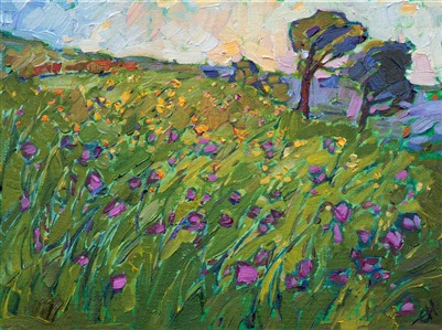 This painting brings to life the multitudinous wildflowers of Texas Hill Country.  These purple wildflowers looked beautiful nestled in the long, spring-green grasses.  Each brushs stroke in a petite painting contributes to the overall movement and impression of the landscape.

This painting was done on 1/8" canvas, and it arrives framed and ready to hang.