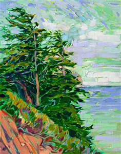 A grove of cypress trees stands high on a cliffside in Mendocino, California. The impressionistic color conveys the mood of the scene.

"Mendocino Green" was created on fine linen board. The painting arrives framed in a hand-carved and gilded plein air frame.