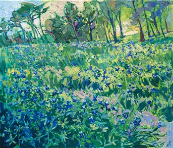 A field of bluebonnets bloom against a spring-green lawn near a grove of pine trees. The famous lupin of Texas blooms with abandon during March and April, bringing visitors from all around to photograph themselves in the lush wildflowers.  This painting captures the bluebonnets near The Woodlands, Texas.

This painting was done on 1-1/2" canvas, with the painting continued around the edges. The piece has been framed in a gold floater frame and arrives ready to hang.