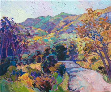 This painting is inspired by the raw natural beauty found at one of California's most beloved destinations, Carmel. The lush colors light up this canvas and transport the viewer to a peaceful path on a glorious fall day on the Northern California coast. The brush strokes and impressionistic in nature and brimming with wonder and excitement. 

This painting was created on 1/8" canvas board, and it arrives framed and ready to hang.