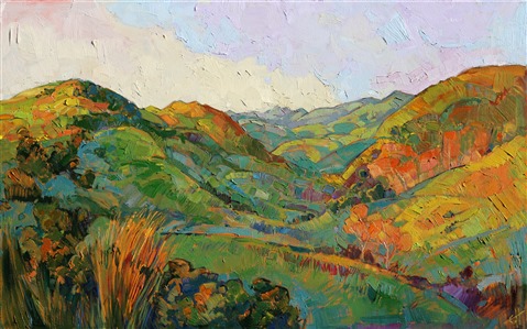 Spring grasses bathe the rolling hills of Paso Robles with lush greens and soft shadows. This peaceful painting is the perfect escape, your own private getaway to a wine country landscape.