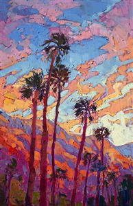 A celebration of color, this painting of Palm Springs captures the brilliant sunsets only seen in the dry desert air.  The distant mountain range soaks in the warm rays cast by the setting sun, depicted with a loose brush stroke and an expressionist sense of color.

This painting was created on 1-1/2" deep canvas with the edges painted as a continuation of the painting.  It may be hung on your wall without a frame.