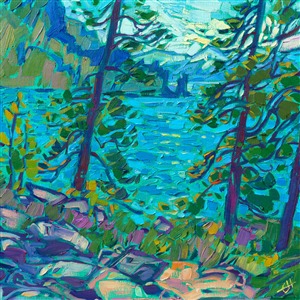 Lake Tahoe glimmers in hues of turquoise and blue, the alpine lake catching the light between the stately pine trees that surround the lake. The brush strokes in this painting are loose and impressionistic, alive with color and motion.

"Tahoe Colors" is an original oil painting on linen board. The piece arrives framed in a black and gold plein air frame.

This painting will be displayed at Erin Hanson's annual <a href="https://www.erinhanson.com/Event/ErinHansonSmallWorks2022" target=_"blank"><i>Petite Show</a></i> on November 19th, 2022, at The Erin Hanson Gallery in McMinnville, OR.