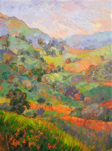 Orange wildflowers create a wash of color through the hills of central California's wine country. The brush strokes in this painting are loose and impressionistic, creating a mosaic of color and texture on the canvas.

This painting was created on museum-depth canvas, with the painting continued around the edges of the stretched canvas. It arrives ready to hang without a frame. (Please contact the artist if you would like information on framing options.)