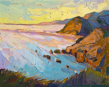 Sunset colors pop in this vibrant oil painting of the central California coast, near Big Sur. The brush strokes are loose and impressionistic, creating a mosaic of color and texture on the canvas.

This oil painting was created on 3/4" stretched canvas, and it arrives framed and ready to hang.