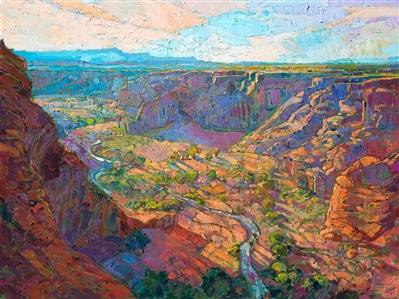 Canyon de Chelly is one of my favorite National Monuments in Arizona.  Every year I find a new way to explore the red rock canyon, becoming newly inspired every time.  This painting was created after an early spring visit, the red canyon floor becoming dusted with a pale spring grass.  The olives and cottonwoods follow the winding wash, casting long cool shadows across the canyon floor.  

The brush strokes in this painting are loose and impressionistic, with a delicate stained glass quality.  The oil painting is full of movement and excitement, bringing to life the transient light of early dawn.

This painting was created on gallery-depth canvas, with the edges painted all around as a continuation of the piece.  You may hang it without framing as desired.