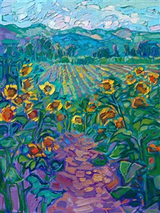 A flurry of cultivated sunflowers sparkles in hues of cadmium gold, against a backdrop of rolling hills and farmland. The brush strokes are thick and impressionistic, alive with color and movement.