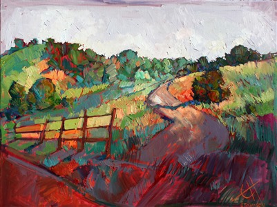 Chasing after fences in Paso Robles will always lead an artist to beautiful new vistas to paint. The vintage wooden fences add an abstract feel to an impressionist landscape.