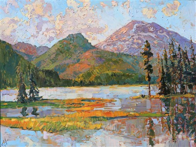 Exploring the Cascades during summer, when most of the snow has melted and the ground is covered with thick green grass, provided the inspiration for this painting.  The bold brush strokes and vivid color palette transport you to the beauty of Oregon in a heartbeat.

This original oil painting was created over an application of 24 karat gold leaf. The genuine gold glints through the layers of oil paint, catching the light in a subtle and surprising manner, and bringing the oil painting to life like never before.

The painting was created on 3/4" canvas and comes framed in a gilded, 6"-deep, museum-quality frame. Additional photos are available upon request.