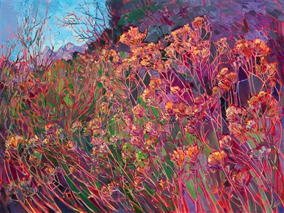 Canyonlands National Park is captured in abstracted color by artist Erin Hanson.  The dusky-colored wildflowers stand in groves of color, forming stained glass shapes with their tall branches.  The brush strokes are applied thickly, in a painterly fashion, allowing the natural movement of the landscape to come alive.

This painting was created on a gallery-depth canvas with the painting continued around the edges. The painting will arrive in a beautiful hardwood floater frame, ready to hang.

Exhibited: St George Art Museum, Utah, in a solo exhibition celebrating the National Park's centennial: <i><a href="https://www.erinhanson.com/Event/ErinHansonMuseumShow2016" target="_blank">Erin Hanson's Painted Parks</a></i>, 2016.