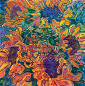 Loose, impressionistic brushstrokes flow with ever-changing color across the canvas in this petite oil painting of sunflower petals. Vibrant colors dance together in the rhythmic flow of nature's beauty.

"Cadmium Petals" is an original oil painting on linen board. The piece arrives framed in a black and gold plein air frame, ready to hang. The linen board will be framed in a mock-floater style, so none of the edges of the painting are covered by the frame, and you can enjoy the full surface of the painting.

This painting will be displayed at Erin Hanson's annual <a href="https://www.erinhanson.com/Event/ErinHansonSmallWorks2022" target=_"blank"><i>Petite Show</a></i> on November 19th, 2022, at The Erin Hanson Gallery in McMinnville, OR.