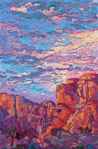 Warm dawn light strikes the curving surfaces of Joshua Tree National Park's famous granite boulders. The sky above is streaked with hues of lavender and orange. Each impressionistic brush stroke conveys the color and drama of the landscape.

"Joshua Dawns" was created on 1-1/2" canvas, with the painting continued around the edges. The piece arrives framed in a contemporary gold floater frame.