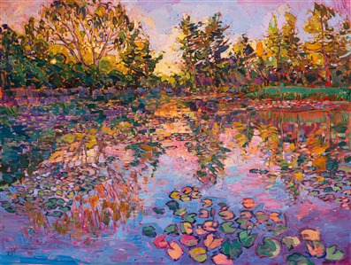 A lilies pond in the courtyard at the Norton Simon Museum inspired this impressionist painting. The warm colors of late afternoon bathed the scene with hues of pink and gold.
