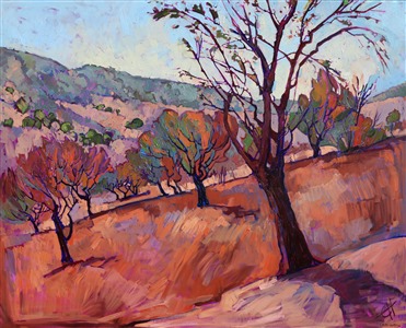 The walnut trees of Paso Robles are beautiful any time of year, but particularly when their leaves turn to a dusky gold, intermingled with jewel tones of amethyst and ultramarine - a beautiful contrast against the dark trunks and branches. This painting is big and bold, full of life and color, the paint applied with wide, thick strokes of oil.