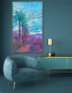 The La Quinta Cove is nestled high in the mountain foothills near Palm Springs, California. The desert landscape turns beautiful hues of blue, purple, and ochre when the sun begins settings. This painting captures the changing colors of late afternoon with thick, impressionistic brush strokes and vivid, un-muddied color.

"La Quinta Sky" is an original oil painting on stretched canvas. The piece arrives framed in a contemporary silver floater frame, ready to hang.