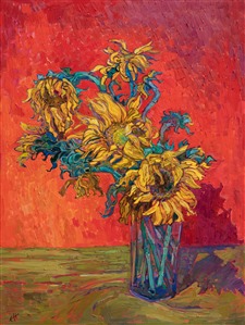 A brightly colored backdrop brings out the hues of a vase of sunflowers. The brush strokes are painterly and impressionistic, capturing the curving stems and flower petals. With a nod to Van Gogh's sunflower series, I have also created a series of sunflower still life paintings, always striving to bring to life their transient beauty as the blooms begin to droop and change.

"Sunflower Hues" was created on 1-1/2" canvas, with the painting continued around the edges. The piece has been framed in a closed corner, 23kt gold leaf floater frame.
