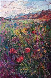 Walk through a field of Coachella Valley desert poppies in this exquisite impressionist oil painting. The texture and space of this valley vista is finely represented in thick paint.

Mounted in a classic plein air frame, this painting is ready to hang. This oil painting was created on 3/4" stretched canvas. 