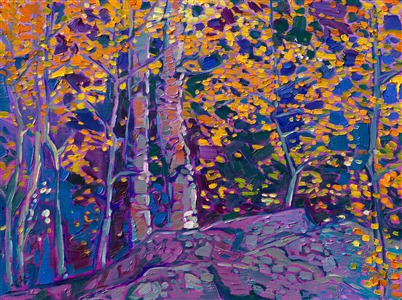 Sunlight filters through a grove of aspen trees, illuminating the golden-coin leaves. You can almost hear the wind rushing through the autumn leaves, as you rest among the boulders in the cool shade.

"Aspen Boulders" was created on 1/8" linen board, and the painting arrives framed and ready to hang in a plein air frame.