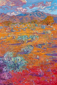 The Mojave Desert has beautiful color year-round. I love painting the desert in the summer when the sagebrush are dry and white, a beautiful contrast to the reddish sand of the desert floor. The thick brush strokes of oil paint add an intriguing texture to the painting.

"Desert Brush" was created on 1-1/2" canvas, with the painting continued around the edges. The painting arrives framed in a contemporary gold floater frame, ready to hang.