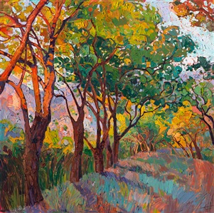 This oak-lined path catches the late afternoon light in a flurry of color.  Thickly applied strokes of oil bring the movement of the landscape to life in this painting.  California impressionism has never appeared in such vivid, alive color.

Exhibited: "Impressions in Oil", Studios on the Park. Paso Robles, CA. 2015