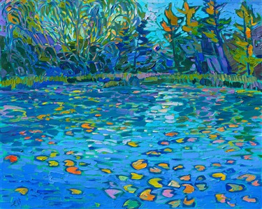 Cool hues of blue are reflected in a calm, tree-lined pond. Lily pads add pops of color to the ultramarine waters. Each impressionist brush stroke conveys a sense of tranquility and gentle movement.

"Lilies on Blue" was created on fine linen board. The piece arrives framed in a black and gold plein air frame.