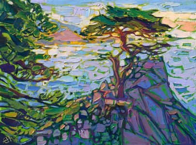 A petite view of Lone Cypress on Seventeen Mile Drive captures the beauty and color of late afternoon. The brush strokes capture the glinting, ever-changing light with vibrant color, like a stained glass mosaic.

"Lone Cypress Spring" is an original oil painting on linen board, by Erin Hanson. The piece arrives framed in a black and gold plein air frame.