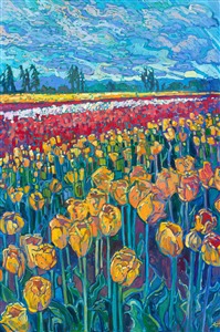 Rows of cultivated tulips explode with color in this painting of Oregon's famous tulip festival in Woodburn, Oregon. The colors of the northwest are most vibrant in spring and fall, and this spring was especially beautiful, with cherry blossoms hanging thickly from branches everywhere I look and wildflowers and bulbs blooming all around.

"Northwest Tulips" is an original oil painting by Erin Hanson. It is available for purchase through The Erin Hanson Gallery in McMinnville, Oregon.