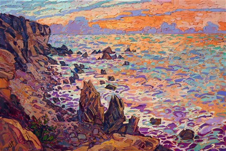 Rich hues of sherbet contrast against the purple shadows in this oil painting of Laguna Beach coastline. The swirling colors capture the movement and beauty of the ocean waters during sunset. This painting was created from a limited palette, with bold, deft brush strokes.

"Coastal Sherbet" was created on 1-1/2" canvas, with the painting continued around the edges. The piece is presented in a contemporary gold floater frame.