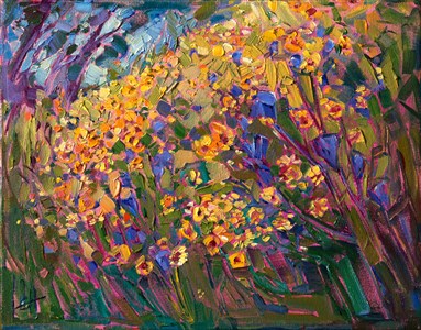 A field of color blooms from these springtime grasses. The brush strokes in this petite oil painting bring to life the movement and light of the outdoors.  Yellow daisies dance together with purple wildflowers, lively and free.

This painting was created on 1-1/2" canvas, with the painting continued around the edges.  It has been framed in a gold floater frame, which lets you see as much of the surface of the painting as possible.  This painting will arrive wired and ready to hang.