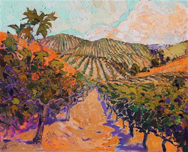 The oldest pinot vines in California are located at Adelaida Winery in Paso Robles. These ancient vines have thick, twisted trunks that splay out widely to either side. This painting captures the beauty of these old plants.

This painting was done on 1-1/2" canvas, with the painting continued around the edges. The piece arrives framed and ready to hang.