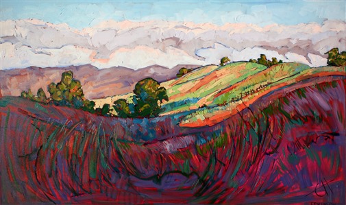 Loose brush strokes capture the movement and feel of Paso Robles, California. The multi-colored hillsides have a very painterly feel.