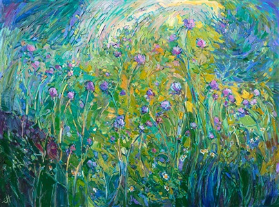 This original oil painting captures a burst of color in the form of wild thistles among the summer grasses.  The impressionistic brush strokes are thickly applied with a brush, creating a sense of excitement and motion between the wildflowers.  The colors are stunning and yet subtle, blending beautifully together.

This painting was created over 24 karat gold leaf, applied directly to the canvas as an "underpainting."  The thin sheets of gold gleam with subtle lights from between the brush strokes, catching the light and making the painting seem to glow from within.  This style of painting was inspired by Gustav Klimt's fascinating use of gold leaf in his figurative works.

Like all the <a href="https://www.erinhanson.com/Portfolio?col=24_Karat_Collection">24 Karat Collection</a> paintings, this piece is painted on 3/4" canvas and arrives framed in a classic gilded frame, ready to hang.  Please <a href"https://www.erinhanson.com/Contact"> contact the artist</a> for more pictures and video of the finished piece.  