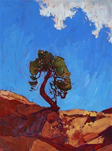 Hiking in the Canyonlands, Utah, found this lone pine growing out of an overhanging sandstone rock. While the sky was mostly clear at this moment, not hours later the Canyonlands were rocked with a sudden hail and snow storm, in the middle of May! This painting captures the crisp beauty of Utah in the springtime.

This painting was created on museum-depth canvas, with the painting continued around the edges of the stretched canvas. It arrives ready to hang without a frame. (Please contact the artist if you would like information on framing options for this painting.)