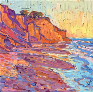 <b>PLEASE NOTE: This painting will be hanging at the Santa Paula Art Museum for Erin's <a href="https://www.erinhansonprints.com/Event/CaliforniaImpressionismatSantaPaulaMuseum" target="_blank"><i>Colors of California</a></i> exhibition. You may purchase this painting online, but the earliest we can ship your painting is July 30th.</b>

Loon Point, in Carpinteria (near Santa Barbara) is captured on a petite canvas with vivid hues of sunset. The brush strokes are loose and impressionistic, alive with color and texture.

"Cliffs at Sunset" was created on 1-1/2" deep canvas, and the painting arrives framed in a contemporary gold floater frame, ready to hang.