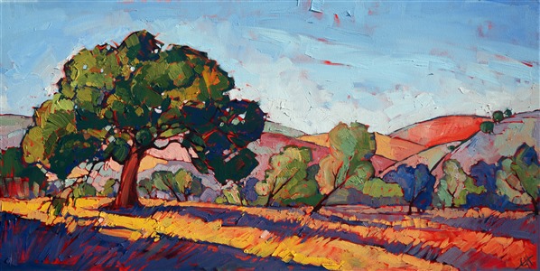 Erin Hanson has spent many years soaking up the colors and seasonal changes of Paso Robles. This colorful painting is how the artist sees central California in the late summer, capturing a mood of hope and sunlight. The brush strokes in this painting are thick and expressive, creating a beautiful mosaic of color and texture.
