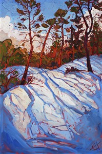 This painting was inspired during a hike from Kolob Canyon to the East Entrance of Zion National Park. When hiking the West Rim Trail, the snow was coming down thickly, covering the desert floor with a fluffy white blanket. The brush strokes in this painting are thick and expressive, creating a beautiful mosaic of color and texture.