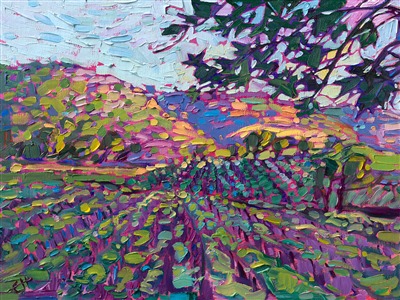 The golden hills of central California wine country catch the light of dawn, glowing with sherbet hues of pink and orange. The vineyards in the foreground lay cool and green in the valley, waiting for dawn to illuminate the fields.

"Vineyard Dawn" was created on fine linen board, and the piece arrives framed in a classic plein air frame.