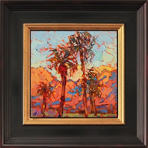 The California desert is one of the most beautiful landscapes to paint.  In the early morning the San Joaquin Mountains light up like fire, a beautiful backdrop for the stately palm trees.

These petite works are part of the 12 Days of Christmas Collection, which are being released one painting per day, starting on December 5th. Each 6x6 painting is beautifully framed in a classic floater frame, which allows you to enjoy the brush strokes all the way to the edge of the canvas.