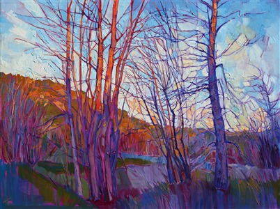 A mosaic of light and texture dances across the surface of this canvas, bringing to life a pre-spring grove of aspens in Montana, near Glacier National Park. The brush strokes in this painting are loose and impressionistic, full of life and color.