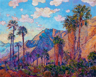 Bold brush strokes and vivacious color capture the majesty and drama of the California desert. Magenta and cerulean shadows contrast against the warm glow of the mountains.  The paint strokes in this painting are thick and impressionistic, alive with color and motion. 