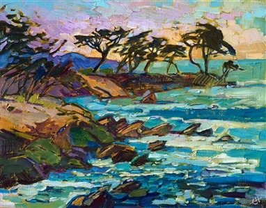 Monterey is a land of ever-changing colors.  This early morning vista captures the rich ultramarine and turquoise waters colliding with the shadowed rocks and windswept cypress trees of Lover’s Point.

This painting has been framed in a hand-carved and gilded frame that was designed to complement the colors in this painting.  It will arrived wired and ready to hang.
