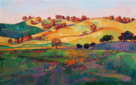 This painting perfectly captures the smooth rolling hills of central California, dotted with idyllic rounded oak trees. The shadows are rich shades of purple and aqua green, contrasting against the brilliant colors of sunrise.

This painting has been donated to the La Jolla Historical Foundation.  It will be available for silent auction at the La Jolla Concourse d'Elegance: https://www.lajollaconcours.com/
