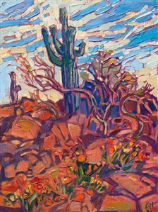 The red rock desert of Arizona is seeped in vibrant color -- the perfect inspiration for an impressionist painter. This petite oil painting captures the feeling of the southwest with loose, expressive brush strokes.

 "Red Rock Saguaro" is an original oil painting on linen board, done in Erin Hanson's signature Open Impressionism style. The piece arrives framed in a wide, mock floater frame finished in black with gold edging.

This piece will be displayed in Erin Hanson's annual <i><a href="https://www.erinhanson.com/Event/petiteshow2023">Petite Show</i></a> in McMinnville, Oregon. This painting is available for purchase now, and the piece will ship after the show on November 11, 2023. 